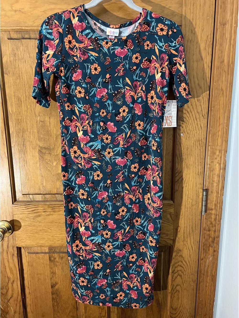 LuLaRoe Julia Dress Pencil Midi Floral Butterfly Blue Sheath Knee Length XS NWT